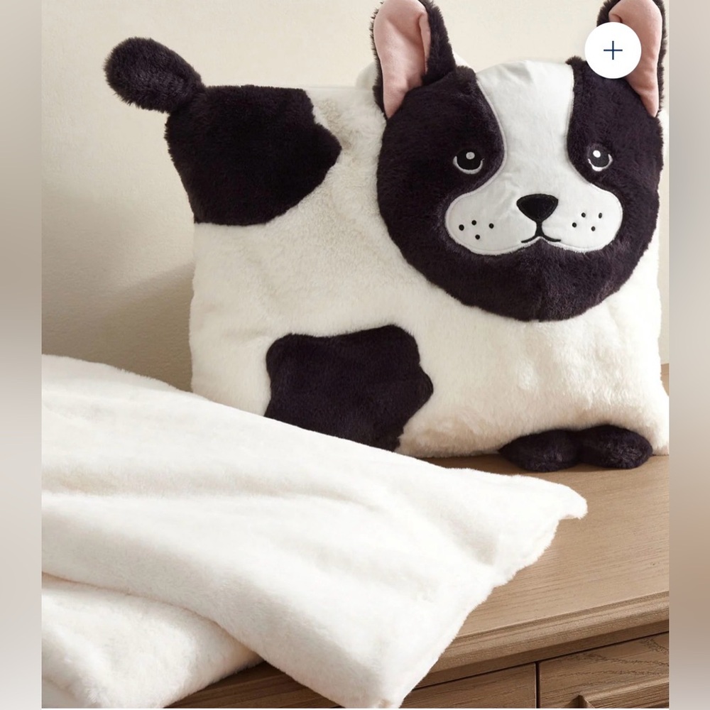 NWT Pottery Barn Kids Pippa Frenchie Faux Fur Pillow and Throw Blanket Set